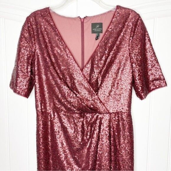 Adrianna Papell Dress Burgundy Maroon Ruby Sequin Short Sleeve Surplice 10 - Picture 4 of 7